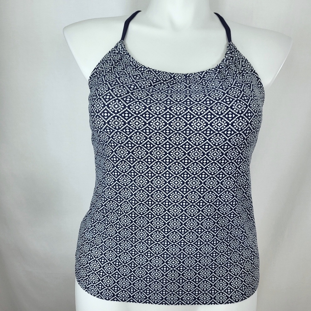 Kona Sol Swim TANKINI TOP Womens Size M Dark Navy Blue White Geometric Print